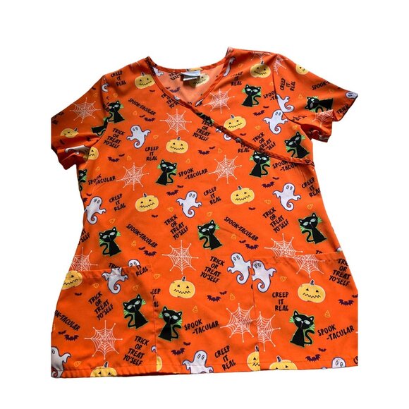 Halloween Spooky Scrub Top Medical Nursing Uniform Print Cats Ghosts Pumpkins - Picture 2 of 8